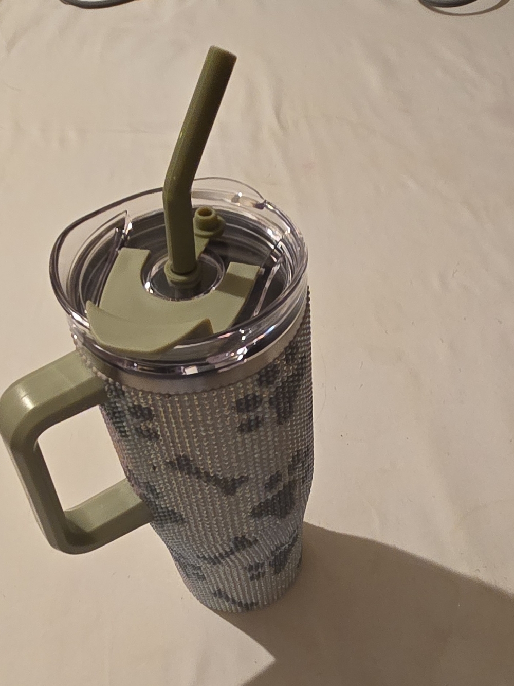 Olive Green Beaded Travel Tumbler with Handle and Straw